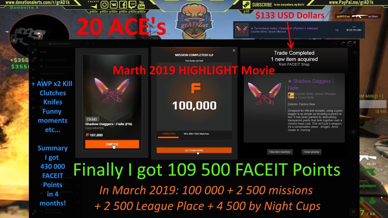 Knife for 140$ & 109500 FACEIT Points March, 2019 @ 200 wins Mission complete! 20 ACE's + highlights