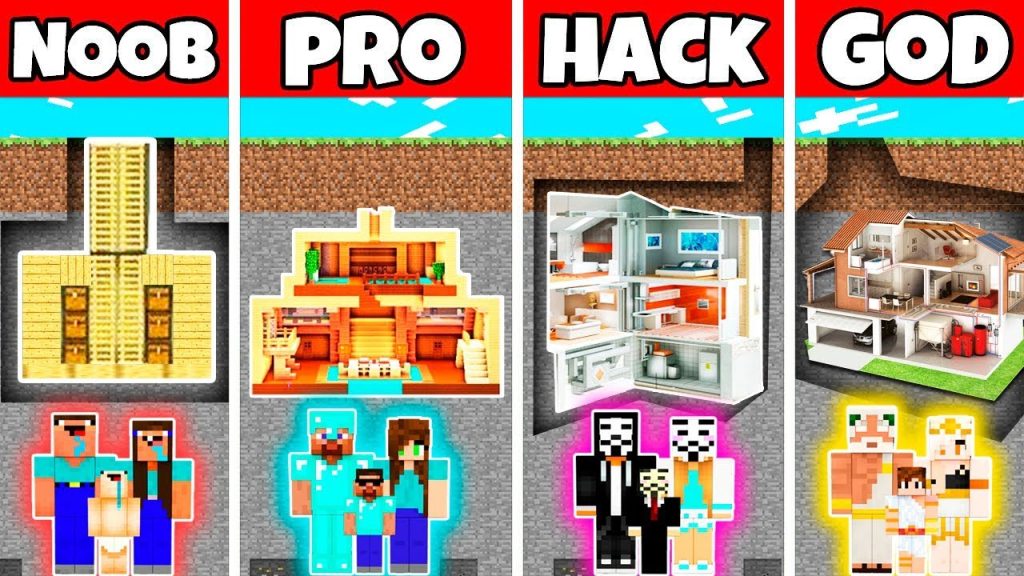 Minecraft: FAMILY UNDERGROUND BASE HOUSE BUILD CHALLENGE - NOOB vs PRO vs HACKER vs GOD in Minecraft
