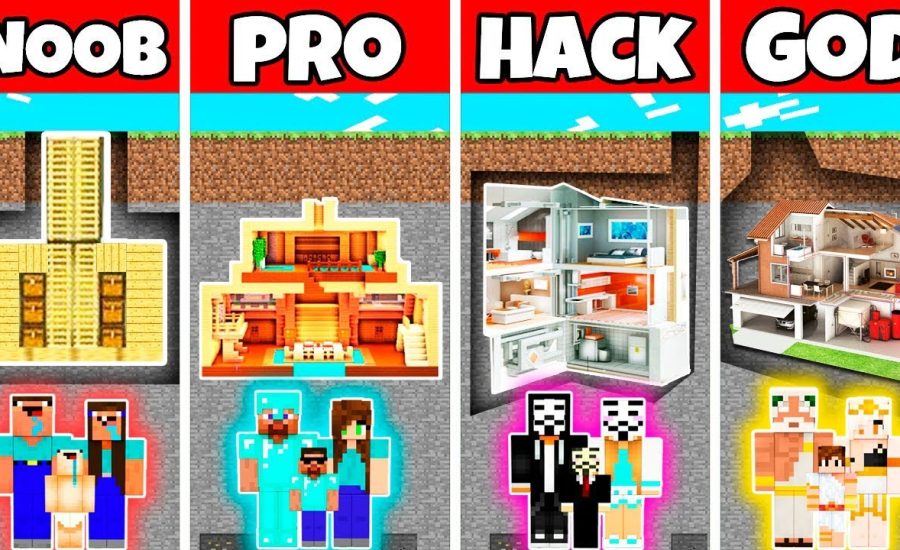 Minecraft: FAMILY UNDERGROUND BASE HOUSE BUILD CHALLENGE - NOOB vs PRO vs HACKER vs GOD in Minecraft