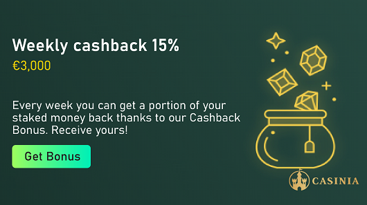 Casinia - Weekly Cashback 15% up to €3,000